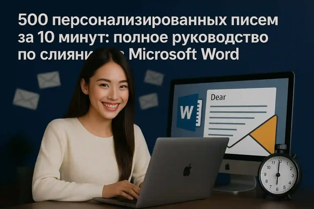 Красивая азиатская девушка за ноутбуком создает персонализированные письма с помощью Microsoft Word