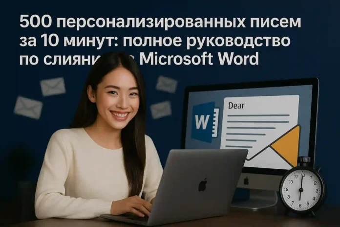 Красивая азиатская девушка за ноутбуком создает персонализированные письма с помощью Microsoft Word