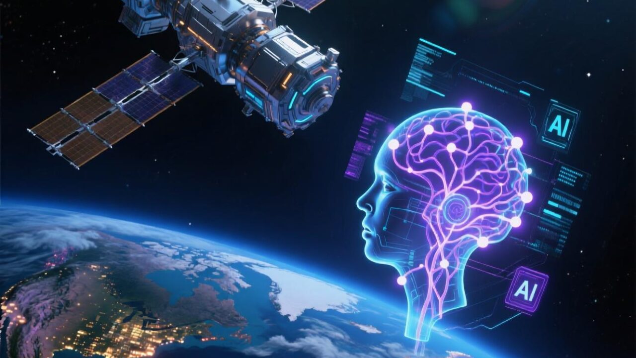 Satellite orbiting Earth with a futuristic artificial intelligence hologram, representing space technology and AI innovation.