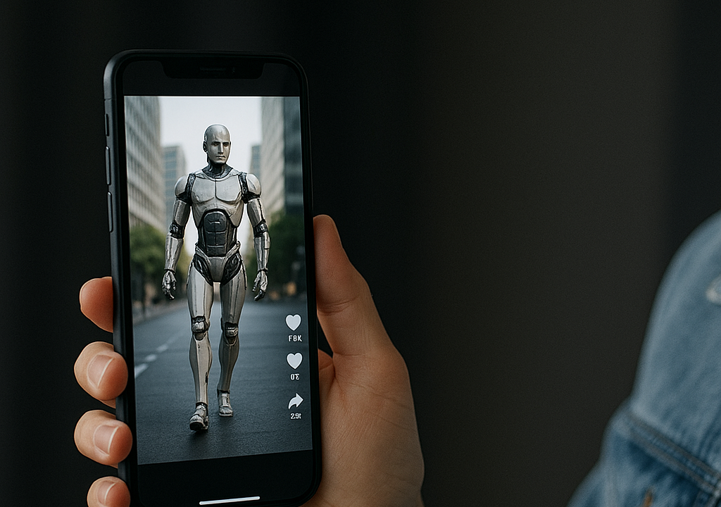 Open AI приложение для генерации коротких видео — смартфон в руке с фотореалистичным изображением человекоподобного робота на экране. Иллюстрация создана искусственным интеллектом для демонстрации и не отражает реальный интерфейс Sora 2.