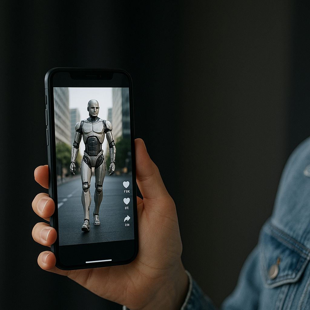 Open AI приложение для генерации коротких видео — смартфон в руке с фотореалистичным изображением человекоподобного робота на экране. Иллюстрация создана искусственным интеллектом для демонстрации и не отражает реальный интерфейс Sora 2.