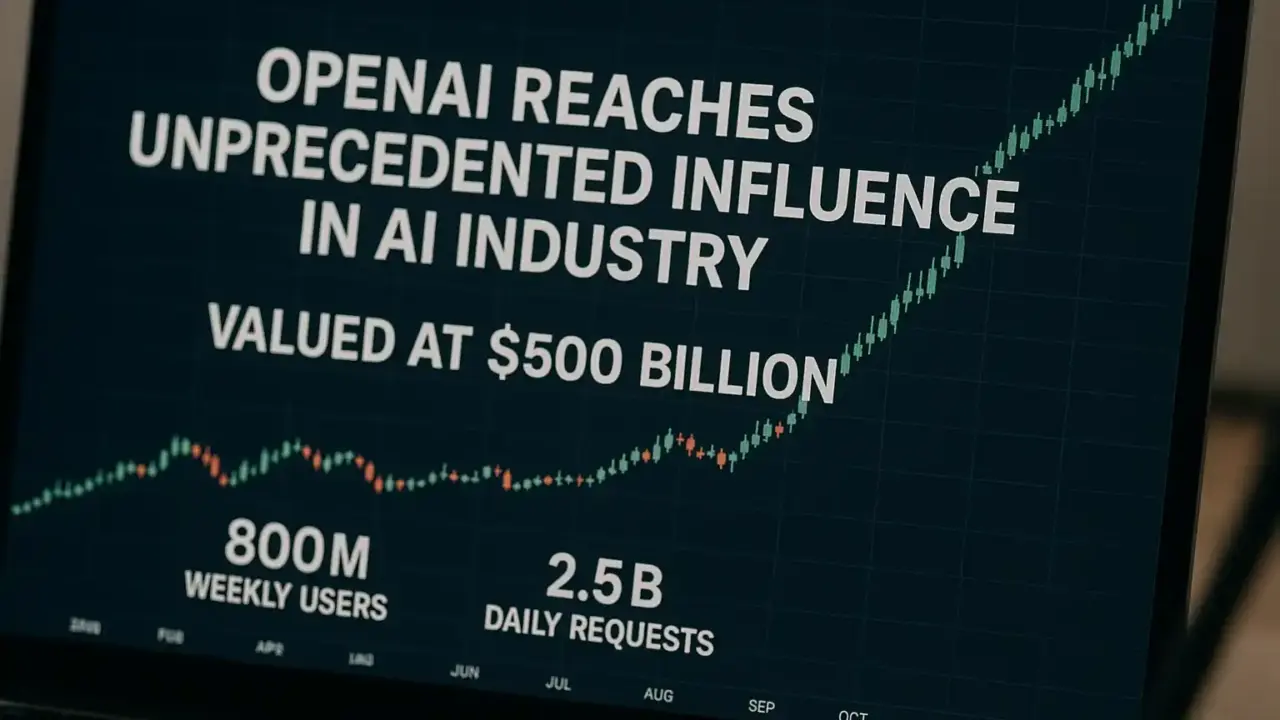 OpenAI биржевой график с резким ростом и оценкой $500 млрд, 800 млн еженедельных пользователей и 2,5 млрд ежедневных запросов