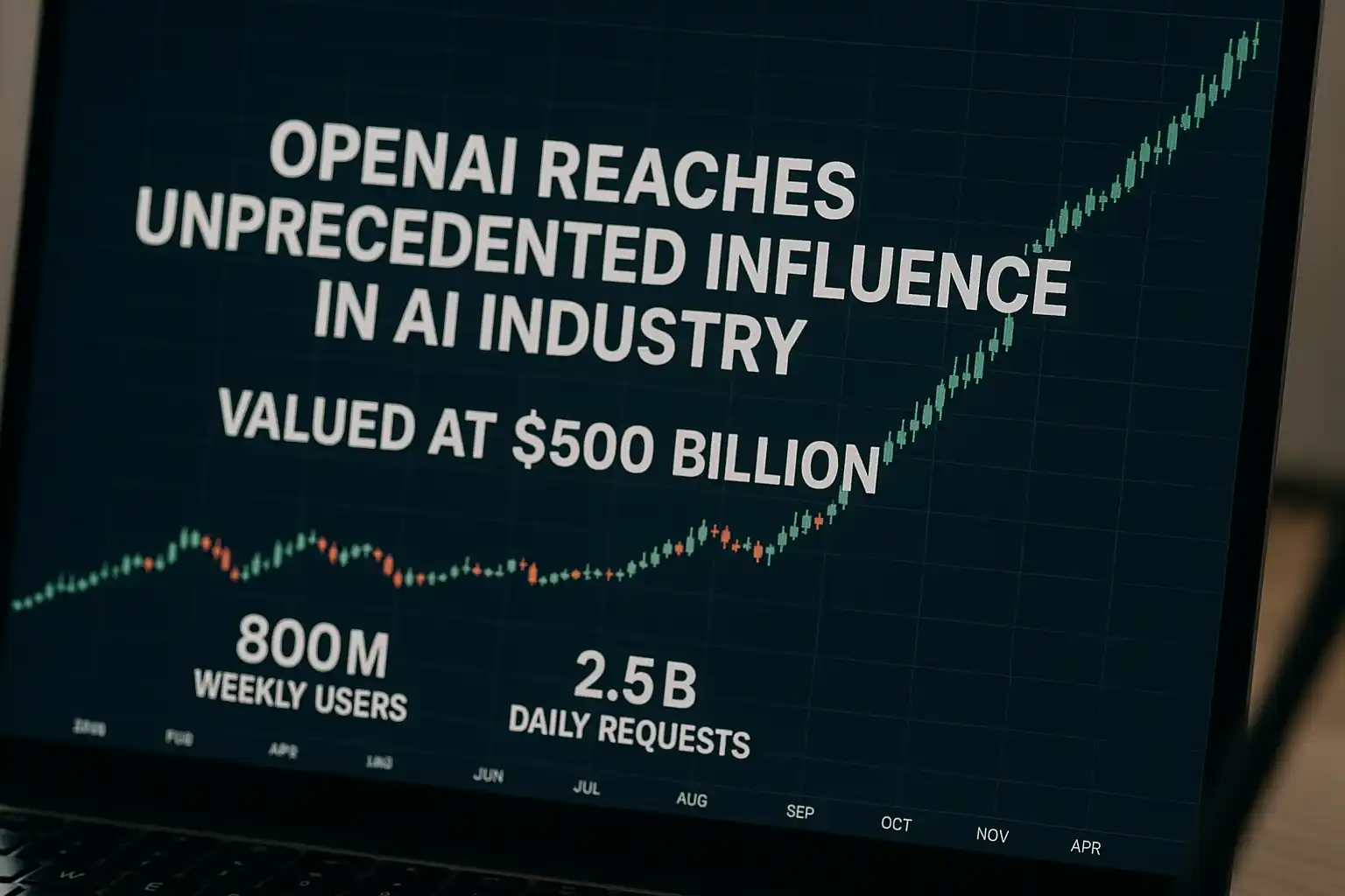 OpenAI биржевой график с резким ростом и оценкой $500 млрд, 800 млн еженедельных пользователей и 2,5 млрд ежедневных запросов
