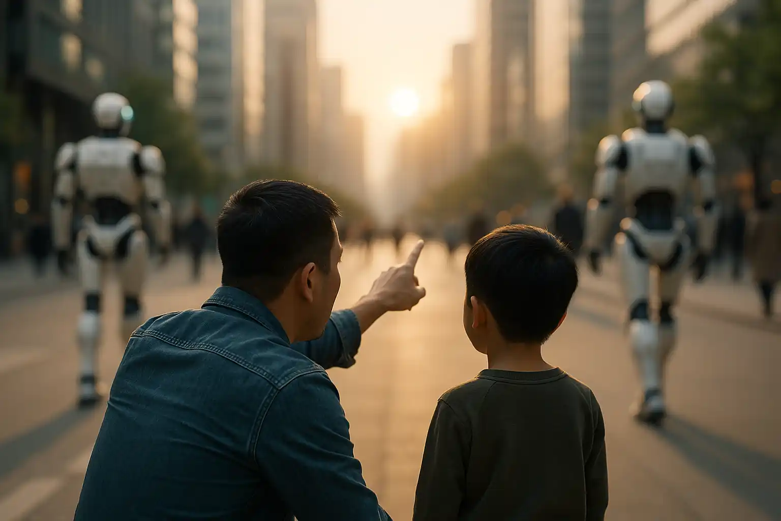 Искусственный интеллект меняет рабочие места — городской пейзаж с людьми и роботами на улицах