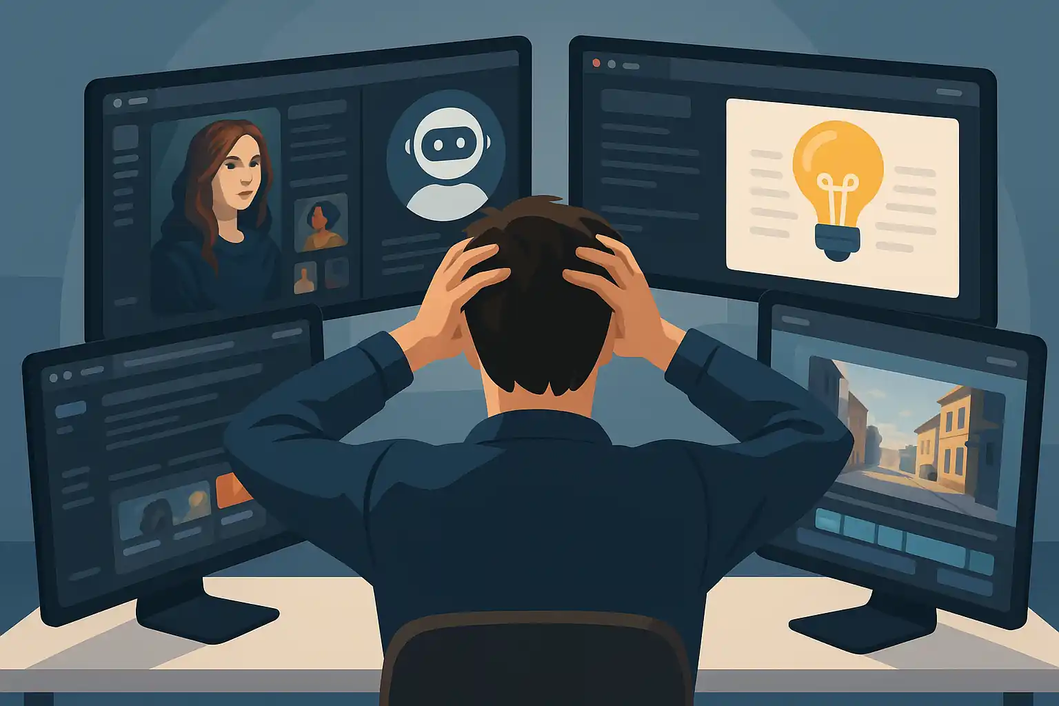 Человек в замешательстве сидит за компьютером, вокруг него открыты экраны с ИИ-сервисами — ChatGPT, Gemini, Bing Copilot, Midjourney, Leonardo AI, Runway ML, Pika Labs, Lumen5. Иллюстрация символизирует перегруженность технологиями.