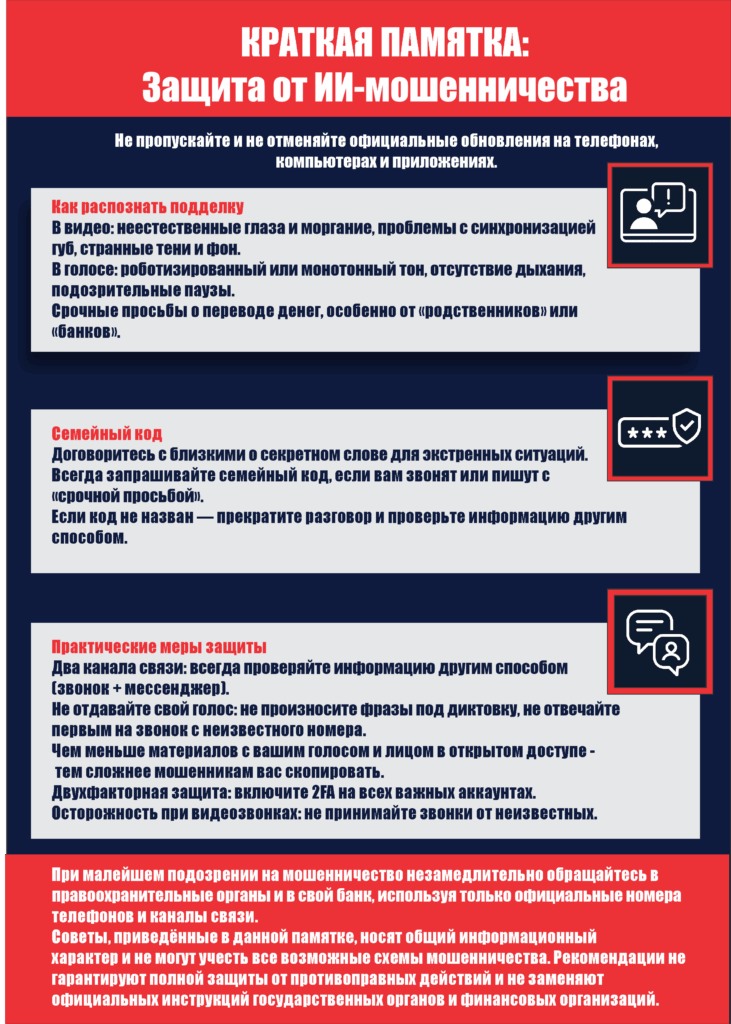 ИИ-мошенничество: памятка по защите, дипфейк, кибербезопасность, признаки ИИ-мошенничества