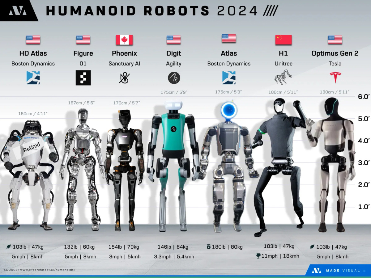 Робототехника сравнительная инфографика гуманоидных роботов 2024-2025: характеристики и производители