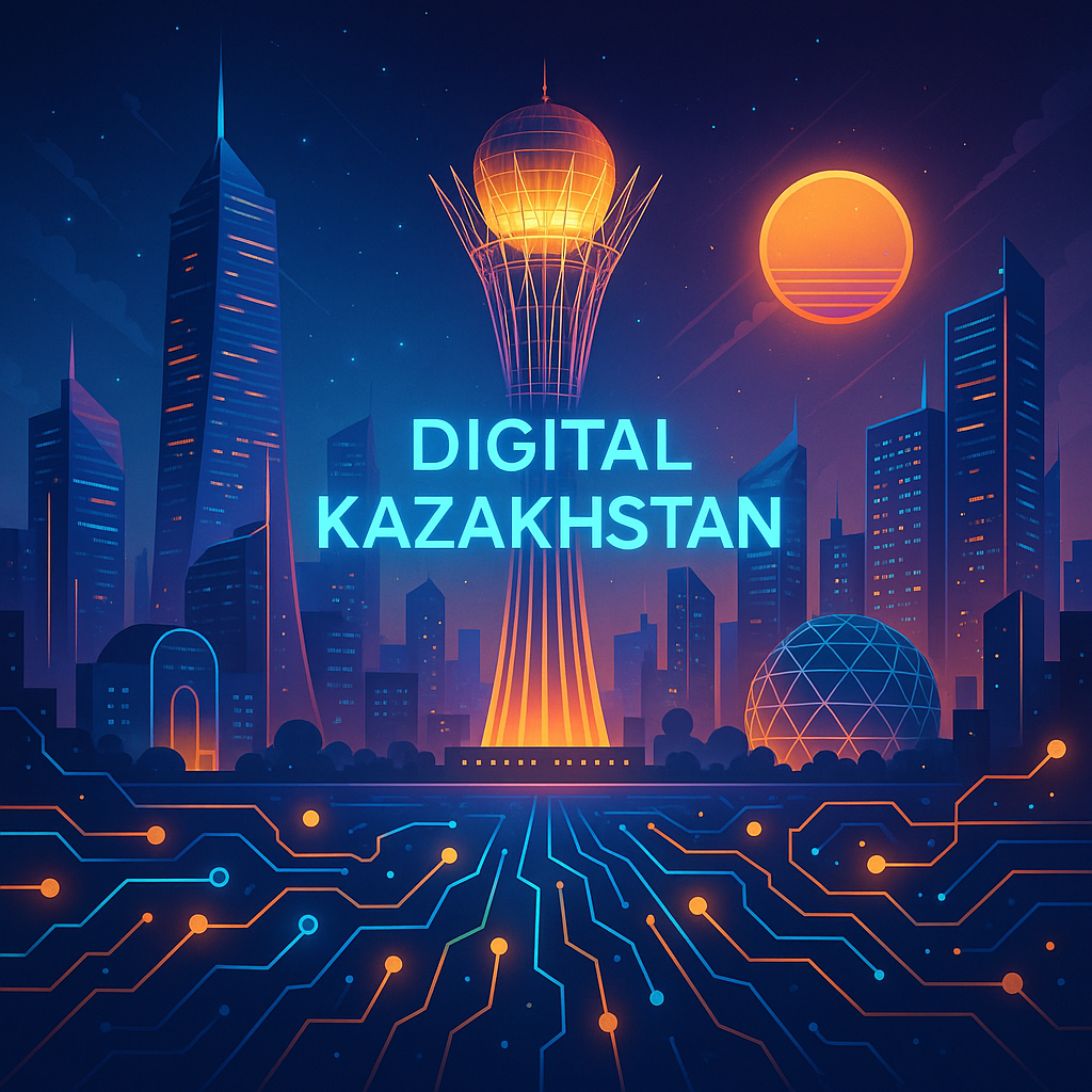 ии казахстан — футуристический умный город с неоновыми небоскрёбами, сетями данных и атмосферой инноваций.