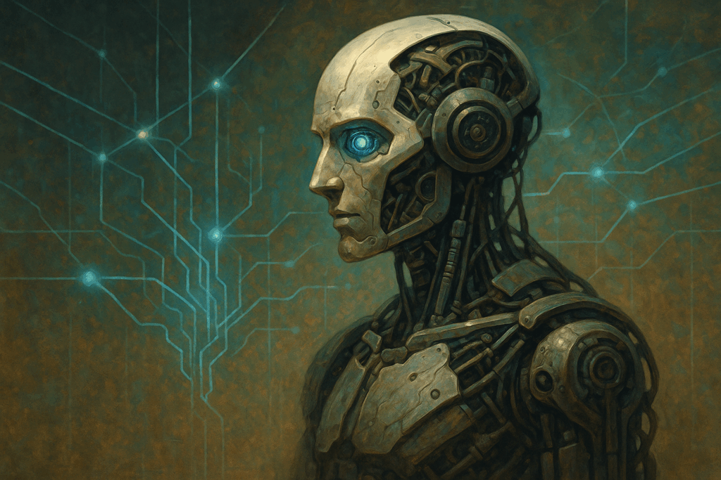 ИИ-агент будущего — человекоподобный робот с сияющими глазами и сложной механической структурой, символизирующий развитие искусственного интеллекта.