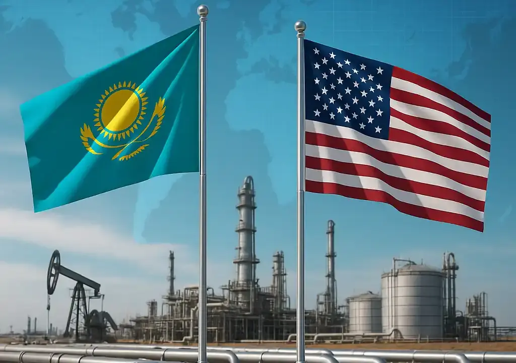 Казахстан и США укрепляют энергетическое сотрудничество — флаги двух стран на фоне нефтегазовой инфраструктуры и цифровой карты мира
