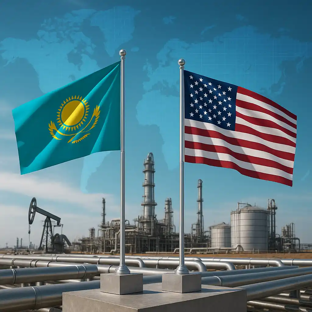 Казахстан и США укрепляют энергетическое сотрудничество — флаги двух стран на фоне нефтегазовой инфраструктуры и цифровой карты мира