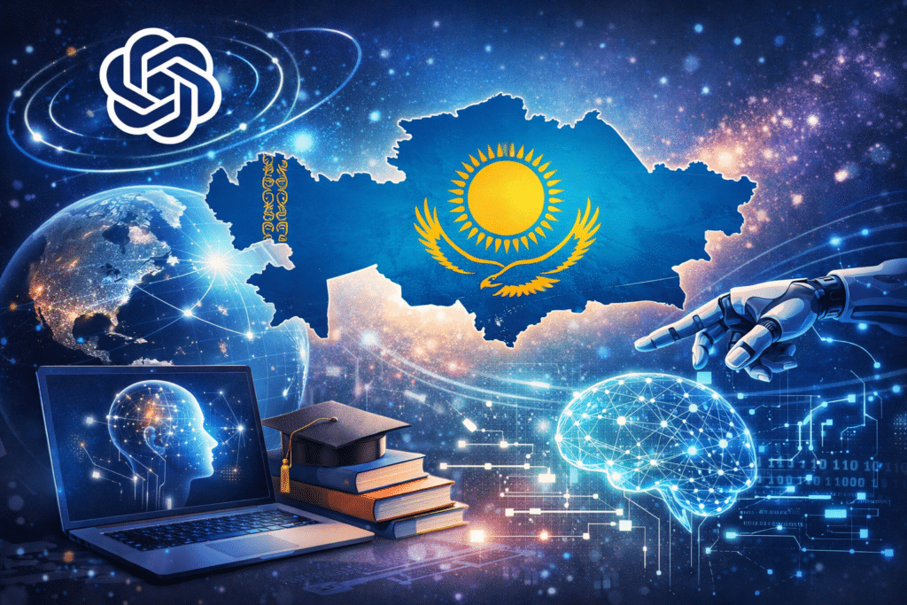 OpenAI for Countries — Қазақстанның жасанды интеллект және білім беру саласындағы халықаралық бастамаға қатысуының цифрлық иллюстрациясы