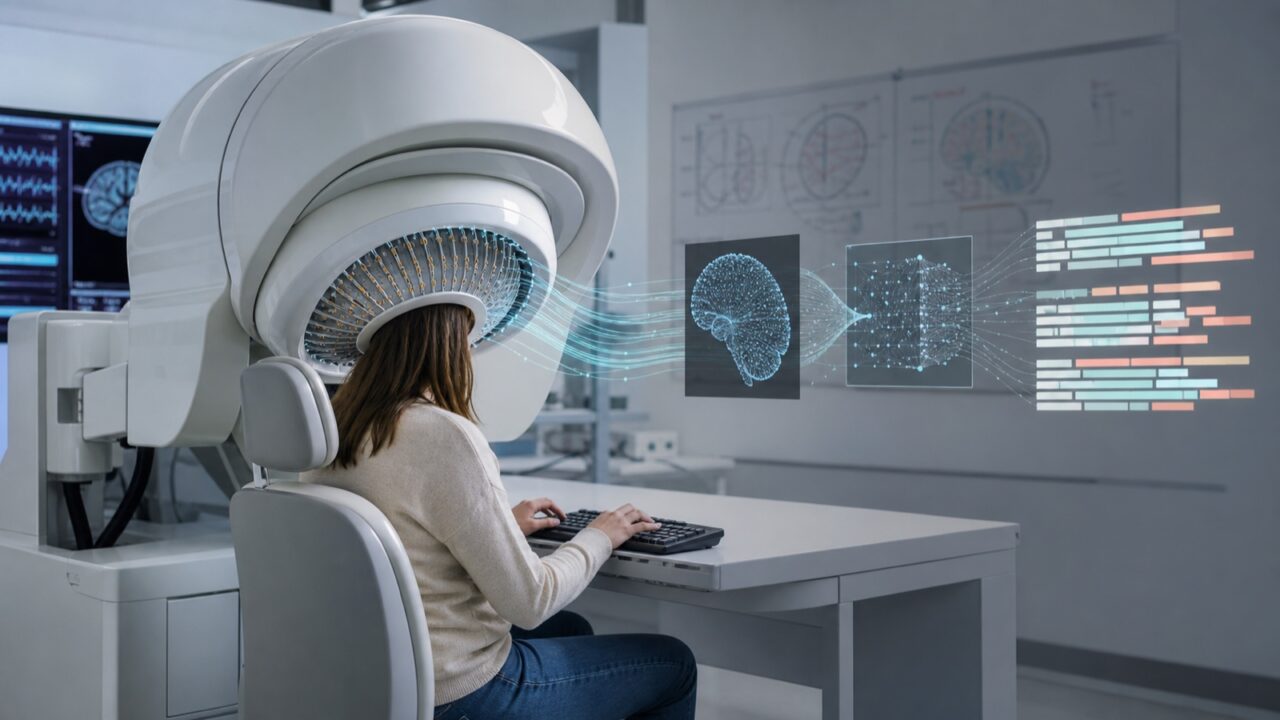 Концептуальная иллюстрация Brain2Qwerty v2: доброволец набирает текст во время неинвазивной регистрации сигналов мозга с помощью МЭГ