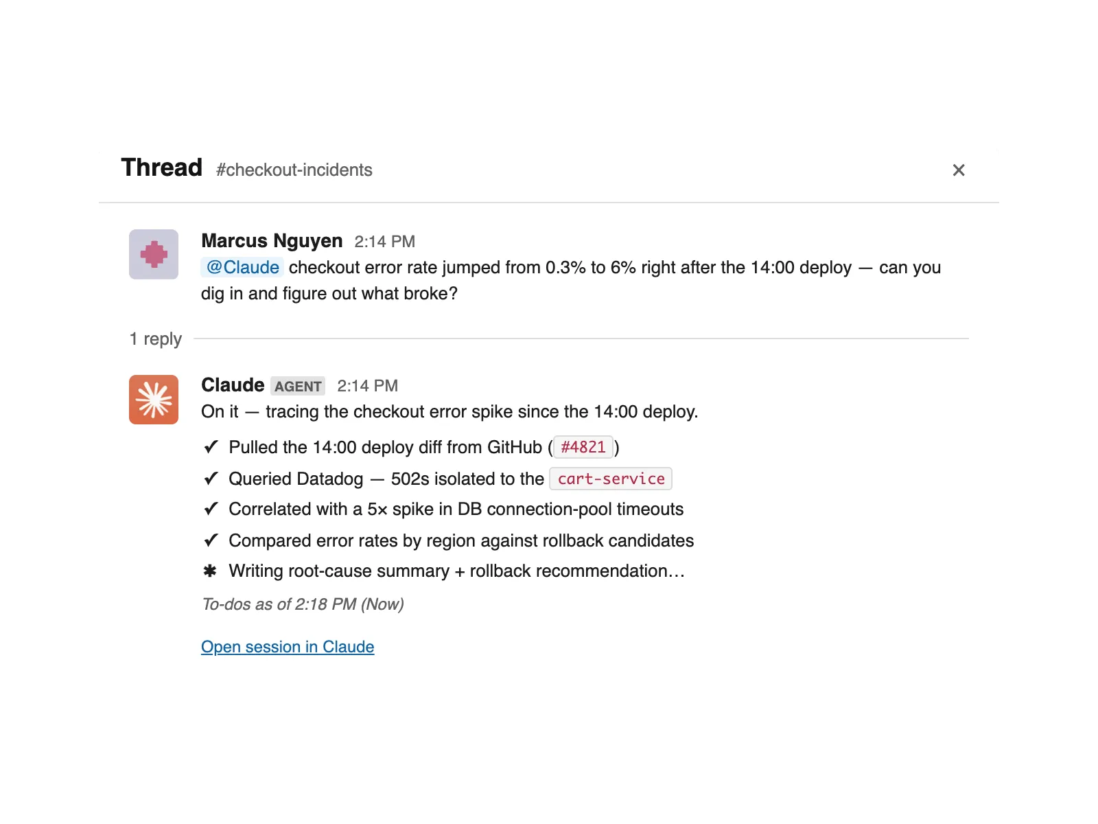 Official example of Claude Tag working in a Slack thread