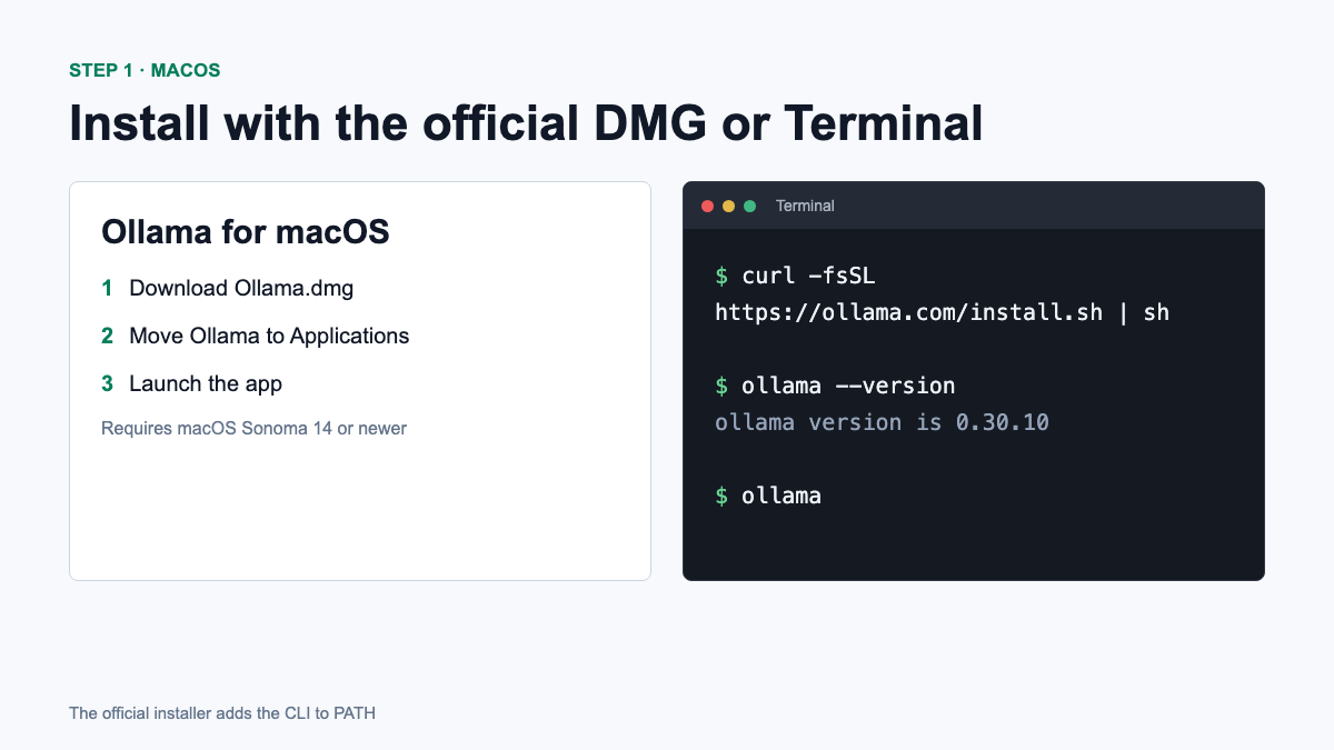 Ways to install Ollama on macOS and verify the version in Terminal
