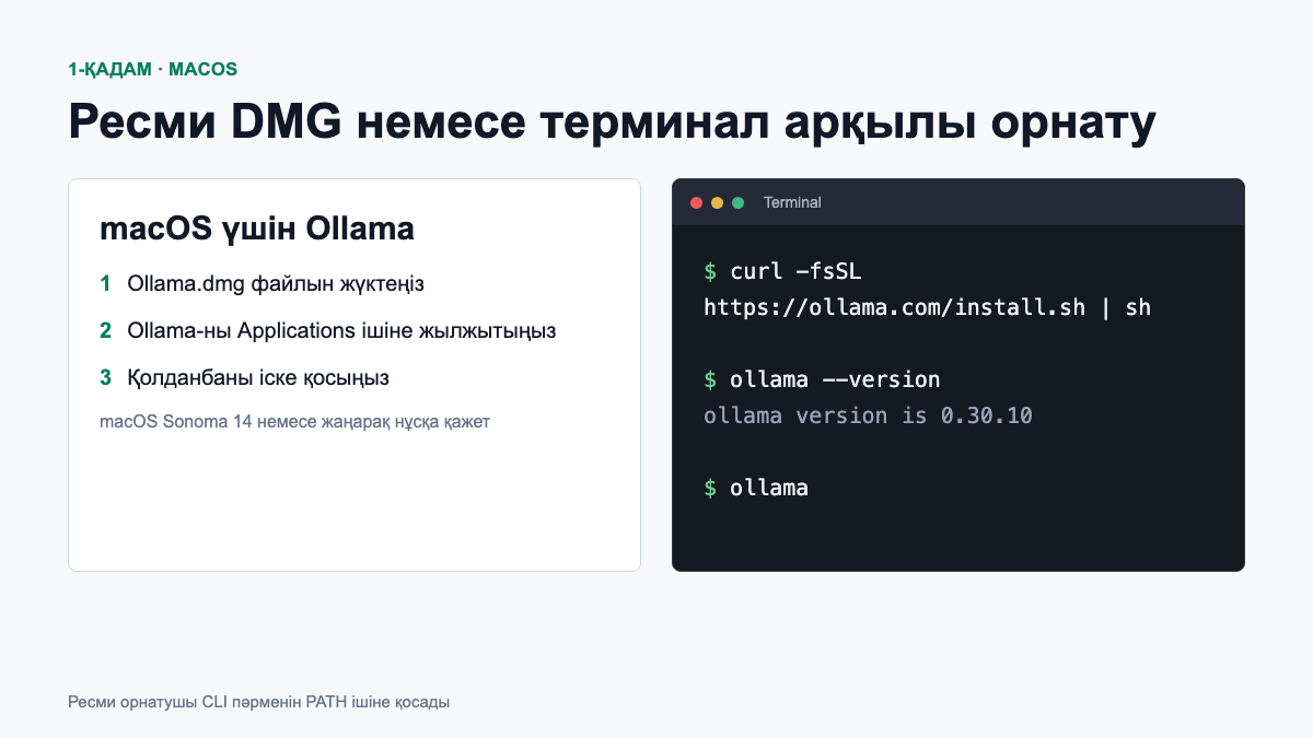 Ollama-ны macOS жүйесіне орнату және Terminal ішінде нұсқасын тексеру