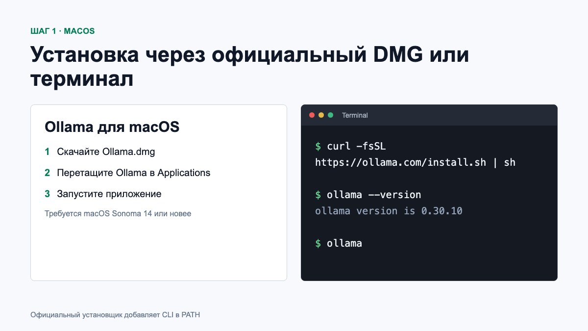 Способы установки Ollama на macOS и проверка версии в терминале