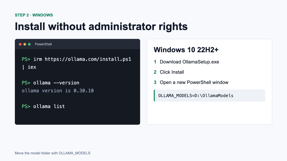 Installing Ollama on Windows with the installer or PowerShell