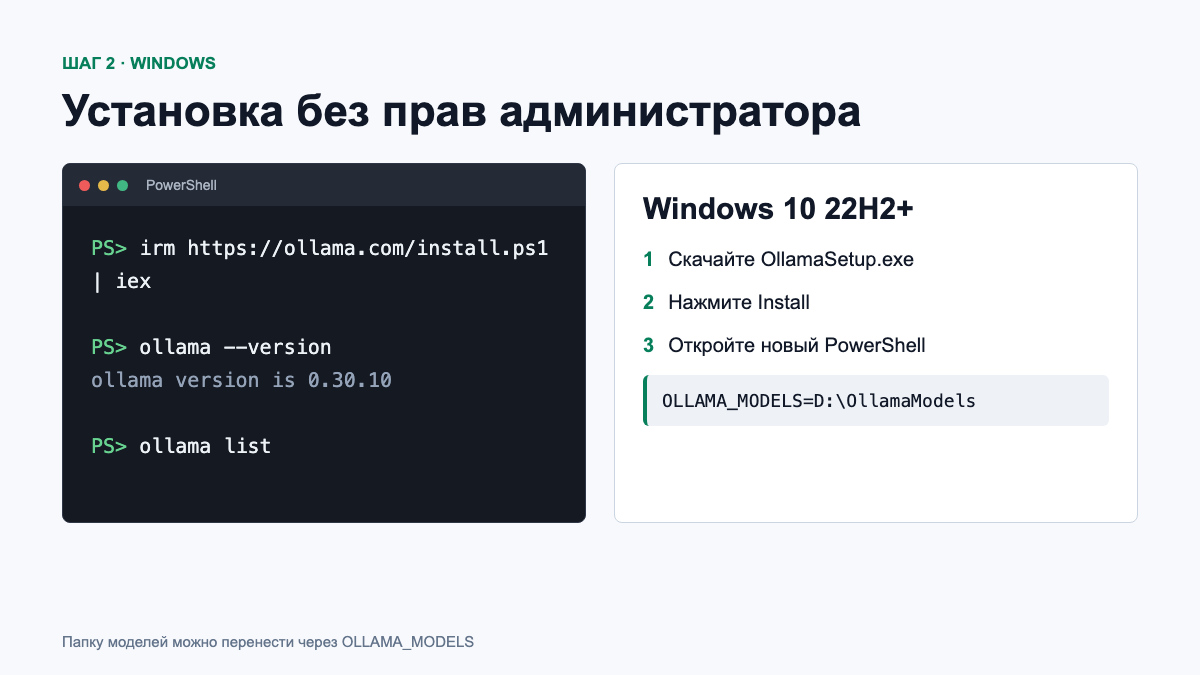 Установка Ollama на Windows через установщик и PowerShell