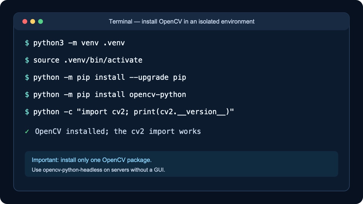Commands for installing OpenCV in an isolated Python environment
