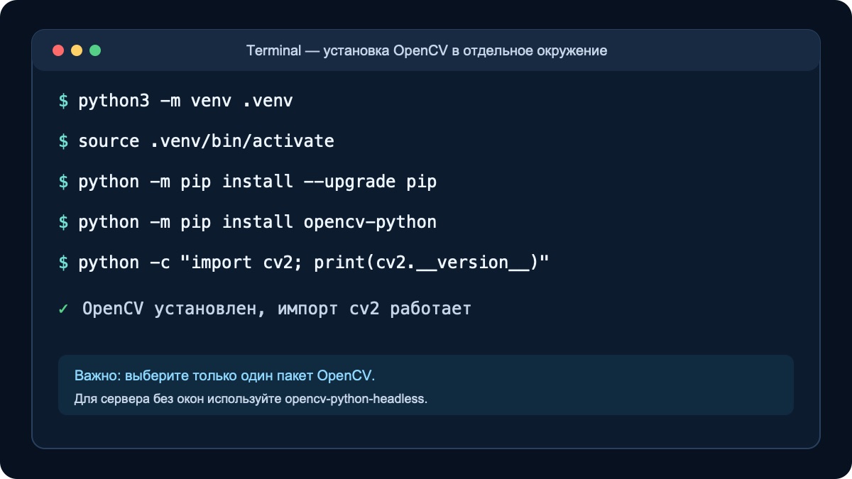 Команды установки OpenCV в отдельное окружение Python