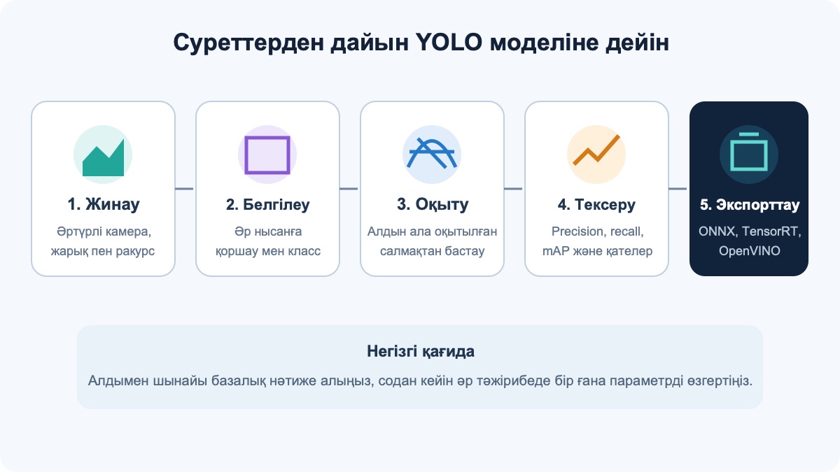 YOLO жұмысының бес кезеңі: жинау, белгілеу, оқыту, тексеру және экспорт