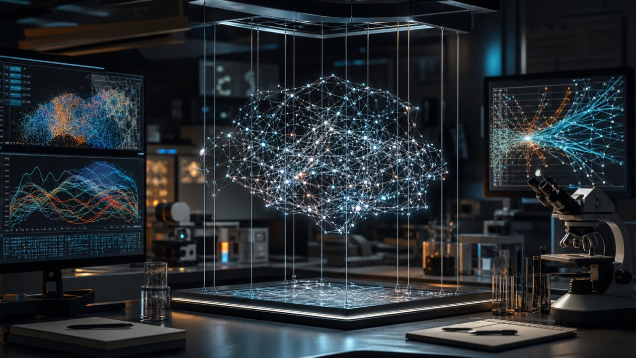 Conceptual illustration of a neural network being examined in a scientific laboratory