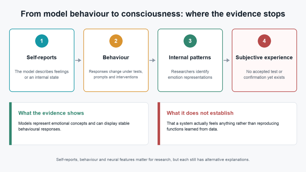 Infographic distinguishing AI self-reports, behaviour, internal patterns and subjective experience