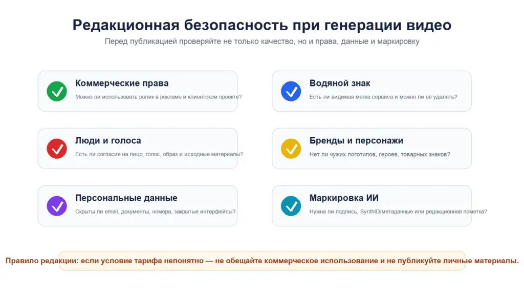 Чек-лист безопасной публикации ИИ-видео: права, водяной знак, люди, бренды, персональные данные и маркировка