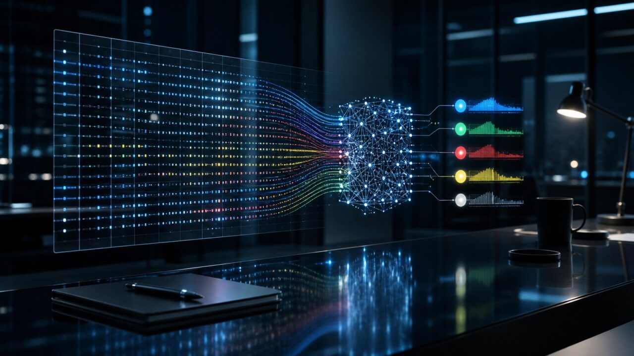 Conceptual illustration of the TabFM artificial intelligence model analysing rows and columns in a table