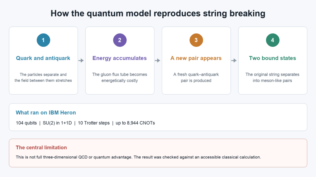 Infographic showing a gluon flux tube stretching, a quark pair appearing and two bound states forming