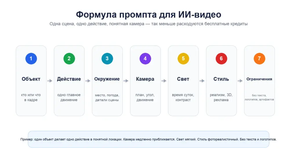 Промпт для создания видео в бесплатном ИИ-генераторе: объект, действие, окружение, камера, свет, стиль и ограничения