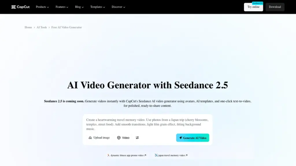 Страница CapCut AI Video Generator для создания видео с помощью ИИ