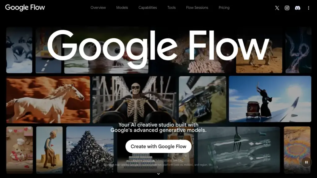 Главная страница Google Flow с демонстрацией ИИ-генерации видео