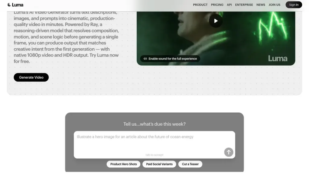 Страница Luma AI Video Generator для генерации видео по тексту и изображениям