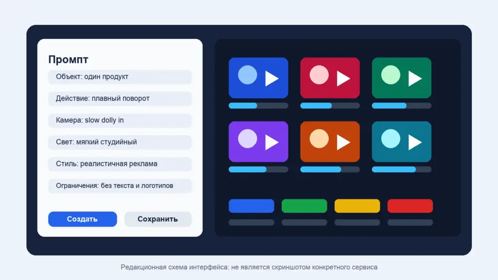 Схема интерфейса ИИ-генератора видео с промптом, вариантами роликов и монтажной линией