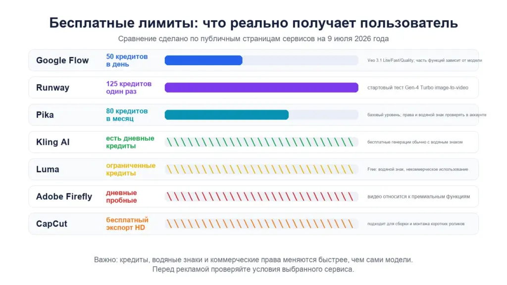 Сравнение бесплатных ИИ-генераторов видео Google Flow, Pika, Kling, Runway, Luma, Firefly и CapCut