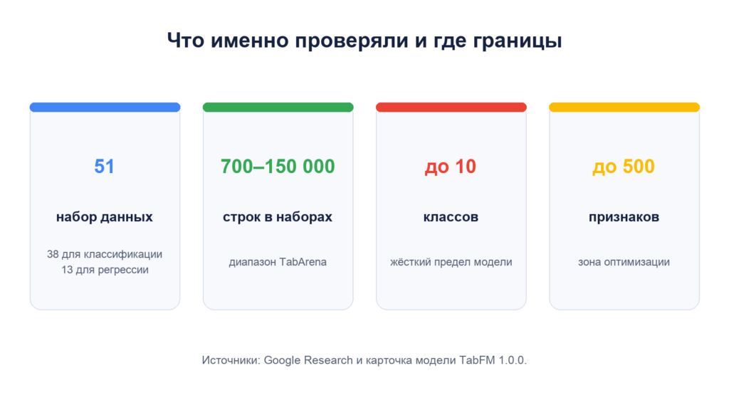 Инфографика: 51 набор данных, от 700 до 150 тысяч строк, до 10 классов и оптимизация до 500 признаков
