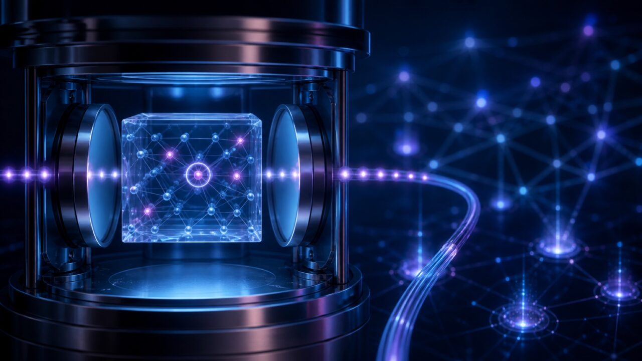 Conceptual illustration of an erbium-doped crystal inside an optical cavity connected to a fiber quantum network