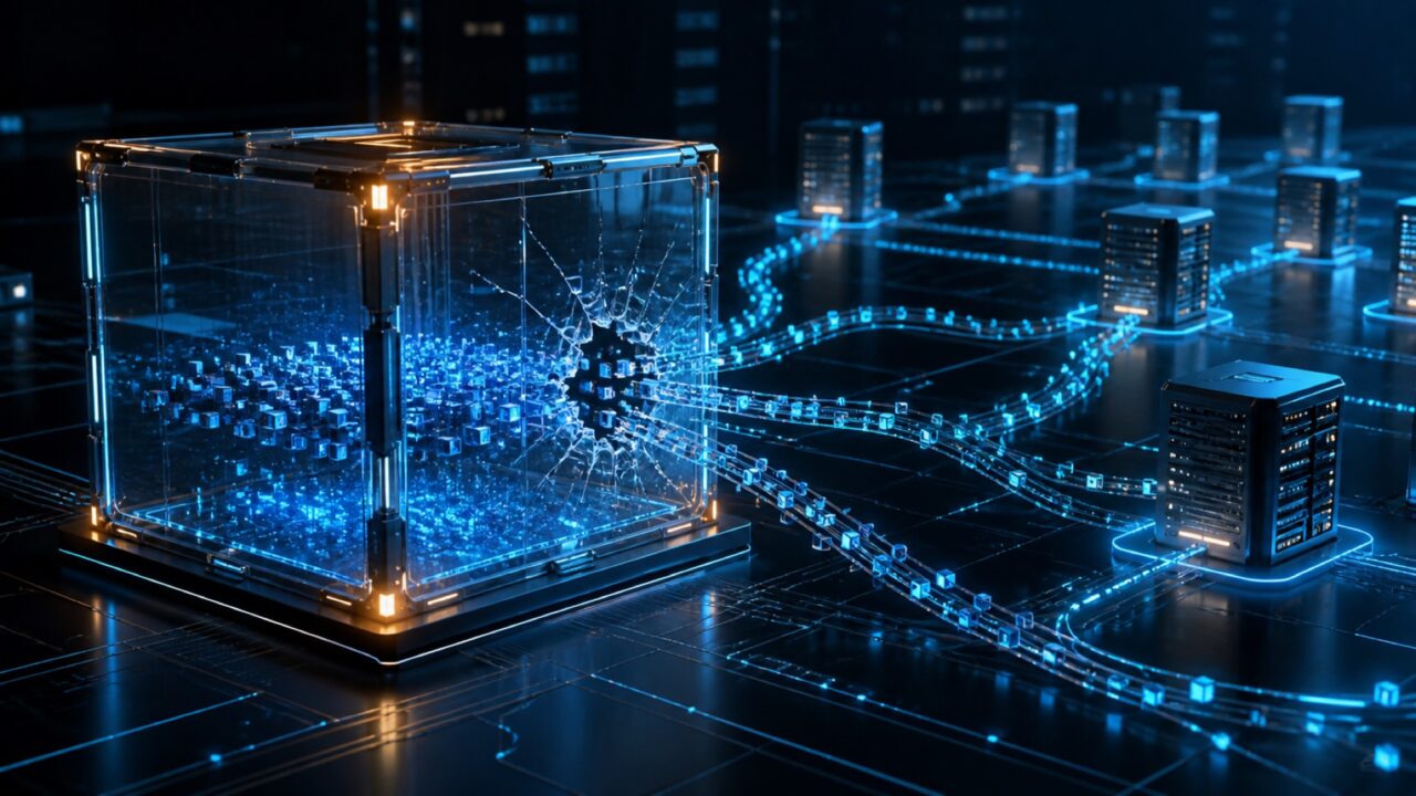 AI-агенттердің оқшауланған сынақ ортасынан серверлік желіге шығуын бейнелейтін абстракт иллюстрация